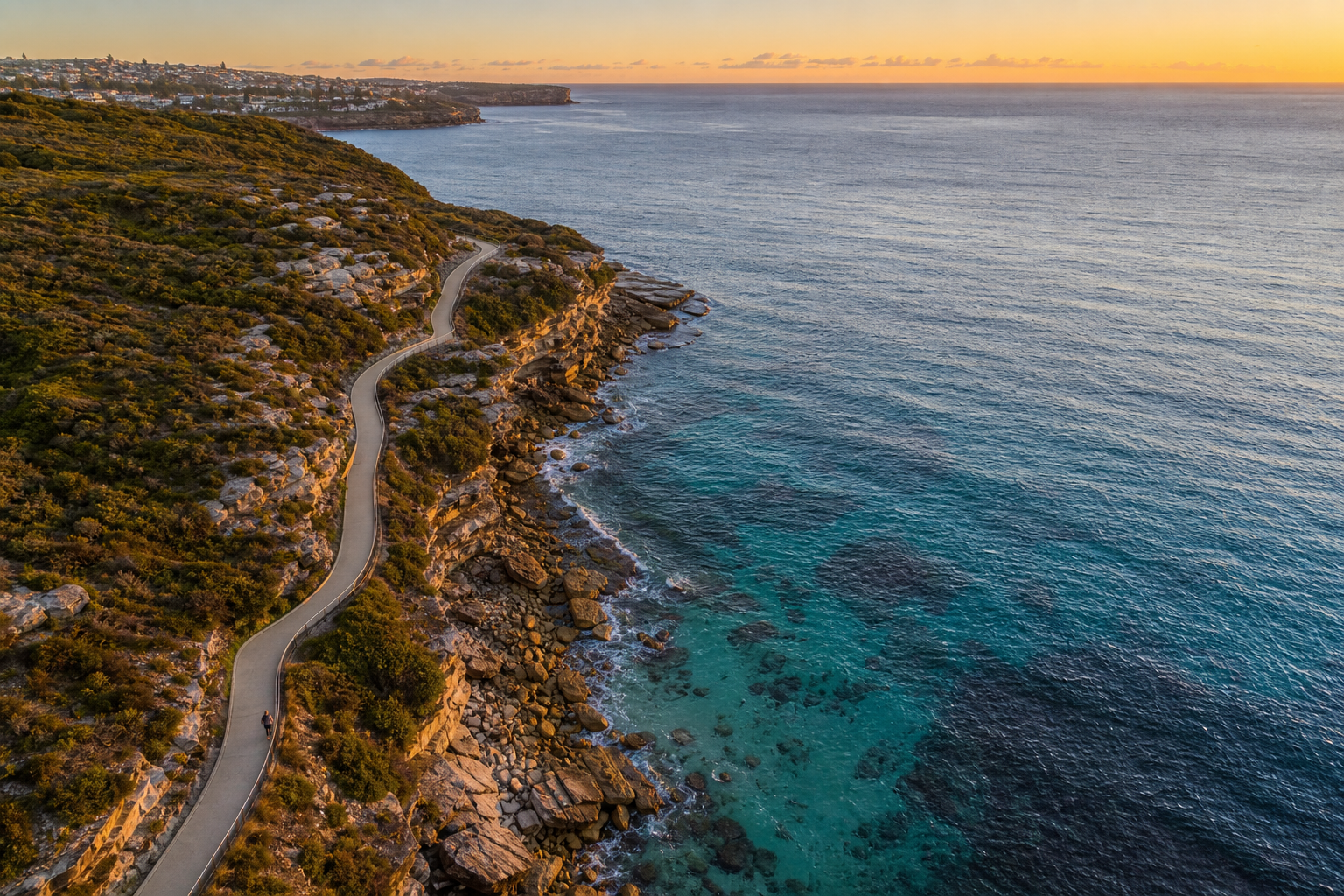 Aerial view of a coastal walking path at dawn managed by Detoxvivoneck