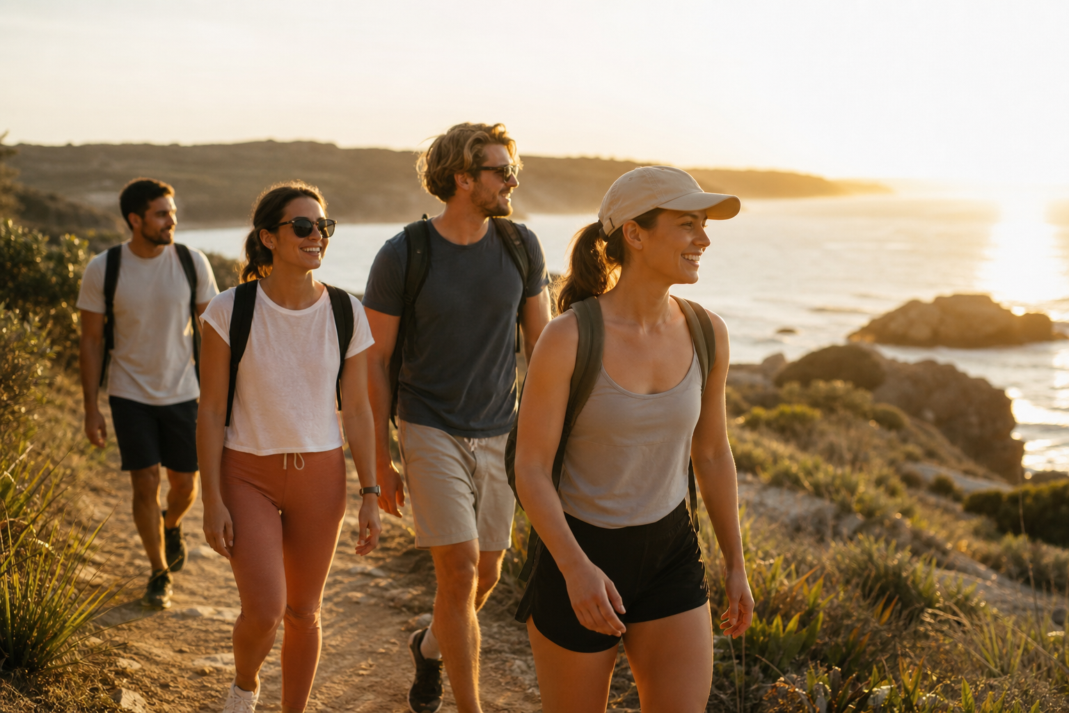 Detoxvivoneck group walking along a coastal path at sunrise