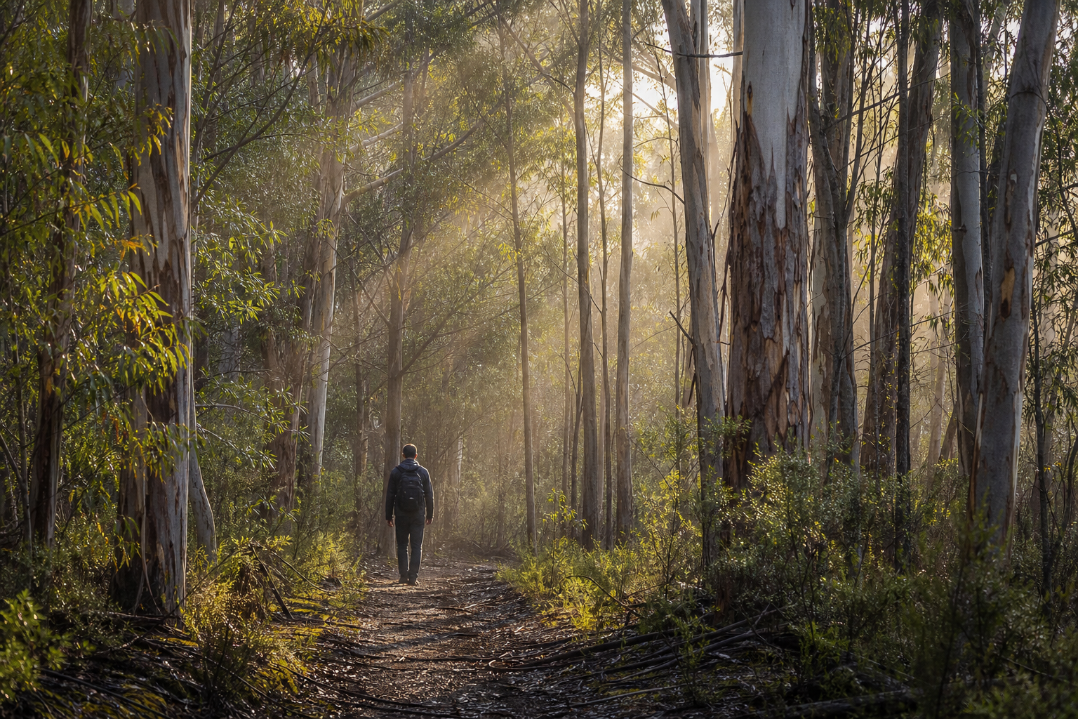 Detoxvivoneck walker on a misty forest trail in Australian bushland