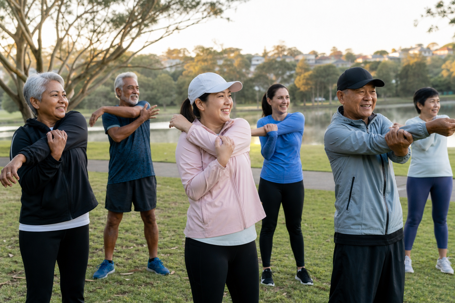 Detoxvivoneck walkers preparing for a morning group walk in a Sydney park